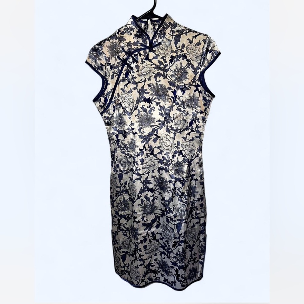 Blue and white floral satin qipao dress